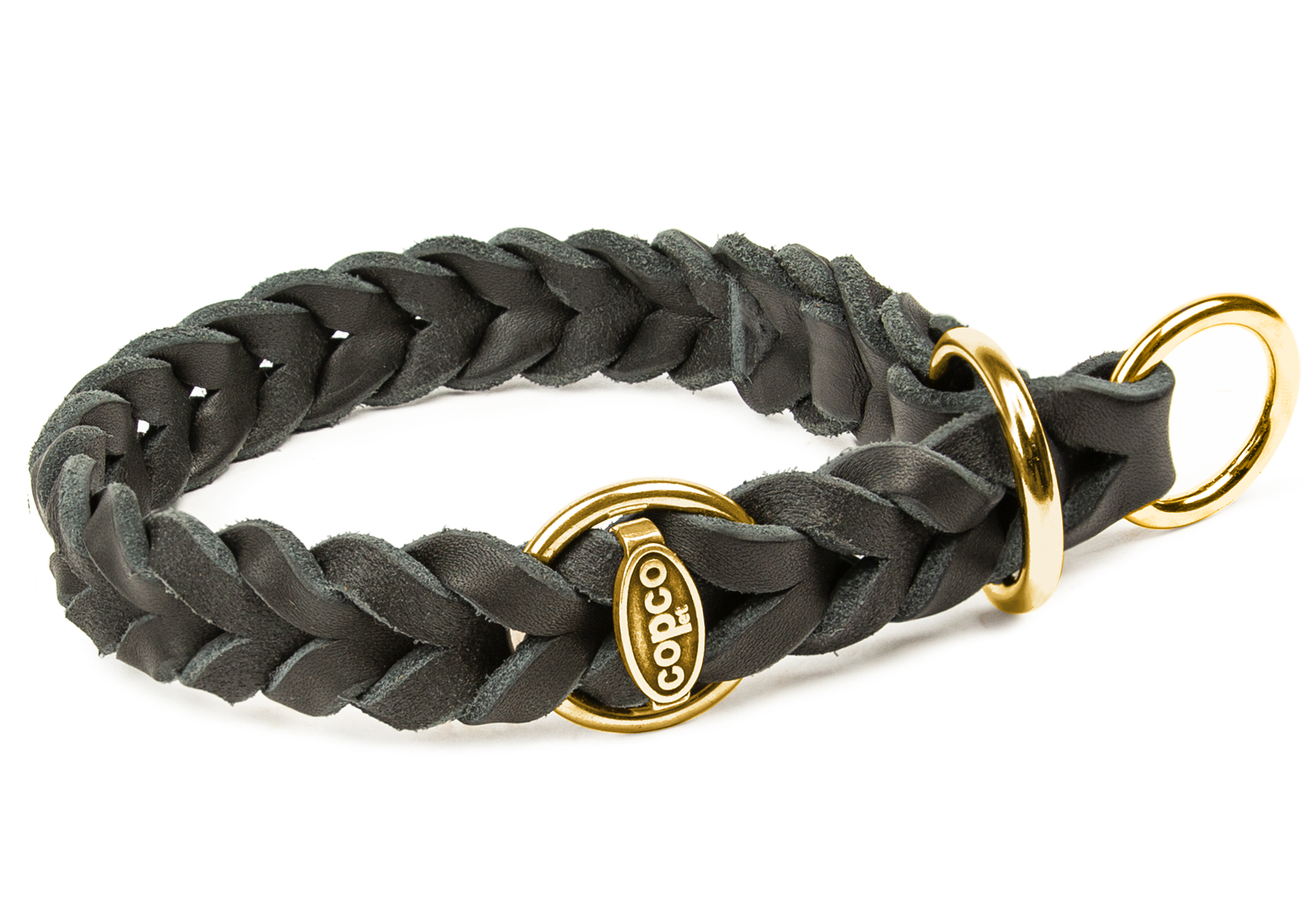 Fettlederhalsband mit Zugstopp Ring messing Schwarz 55 - 60 cm 20 mm