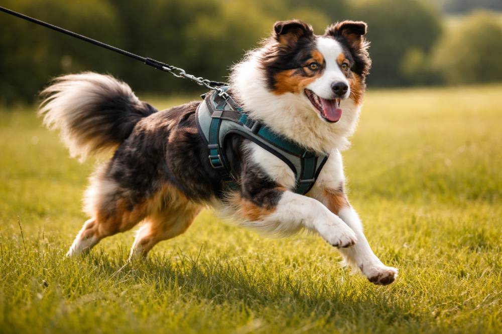 Ein aktiver Hund trägt ein gut sitzendes Geschirr und läuft dynamisch über eine weite Wiesenfläche während eines Trainingsspaziergangs