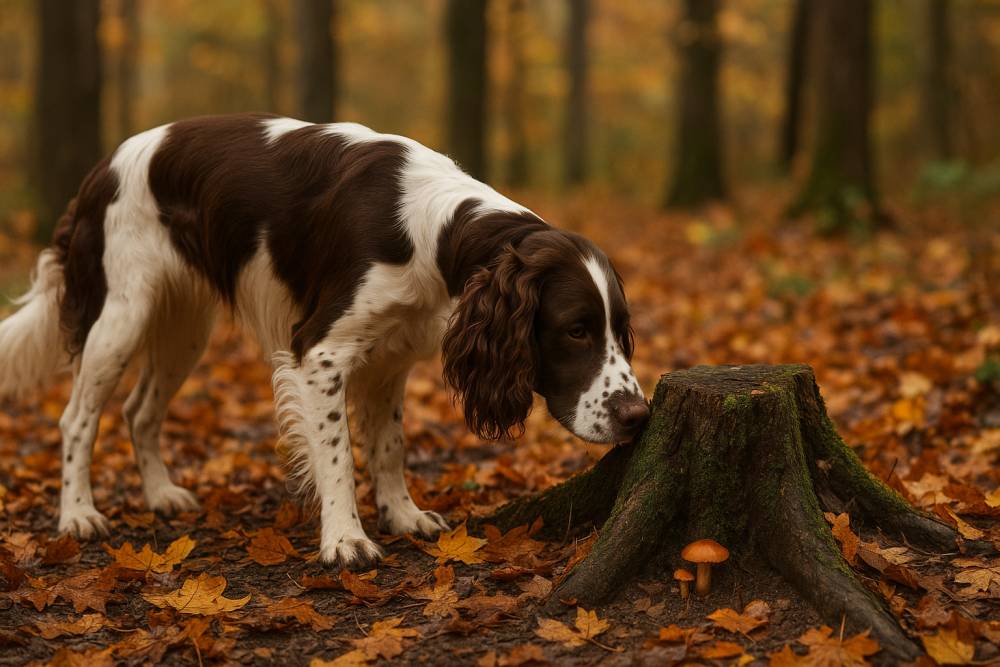 Hund schnüffelt an einem Baumstumpf im Herbstwald, vereinzelte Pilze im Umfeld.