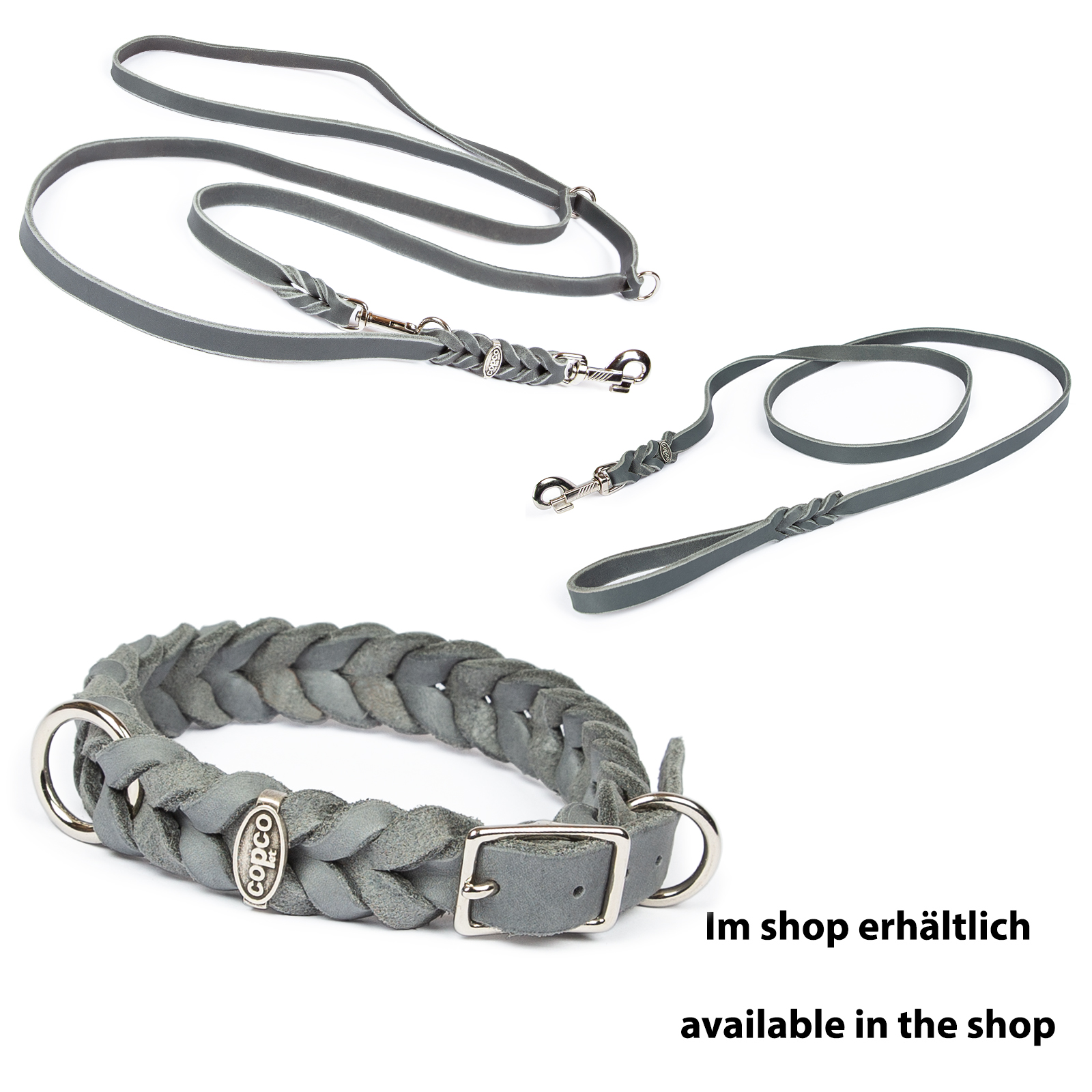 Fettlederhalsband geflochten mit Dornschließe verchromt Grau 45 - 49 cm 20 mm
