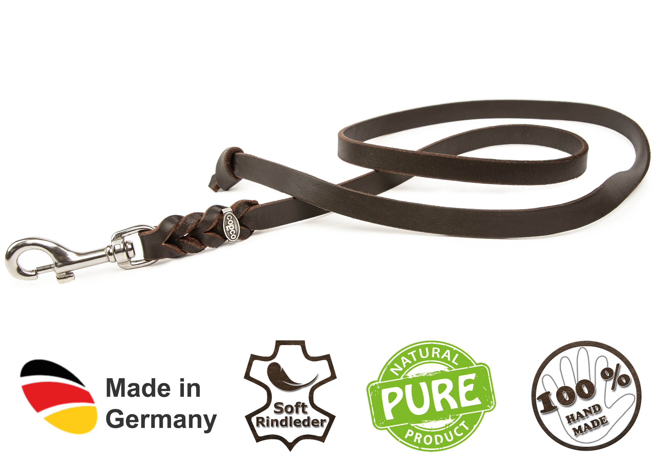 Fettleder-Leine verchromt ohne Handschlaufe Cognac 2,20 m x 12 mm