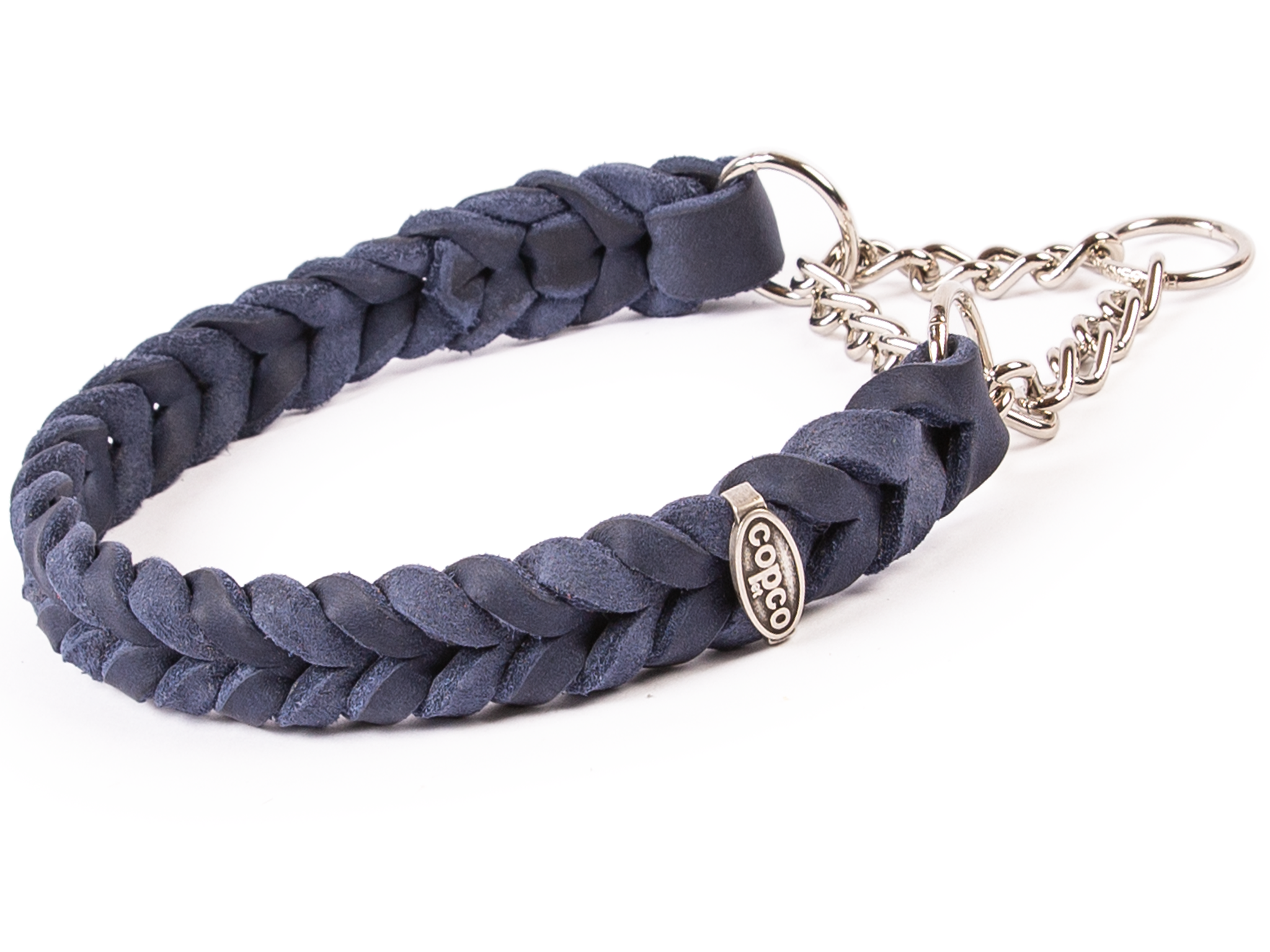 Fettleder Halsband geflochten mit verchromter Zugstopp Kette Marineblau 45 - 50 cm 25 mm
