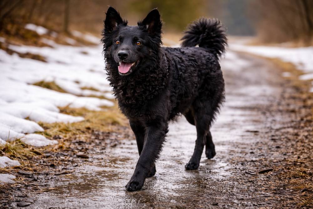 Hund läuft aufmerksam über einen winterlichen Weg mit Restschnee und Tauwasser.