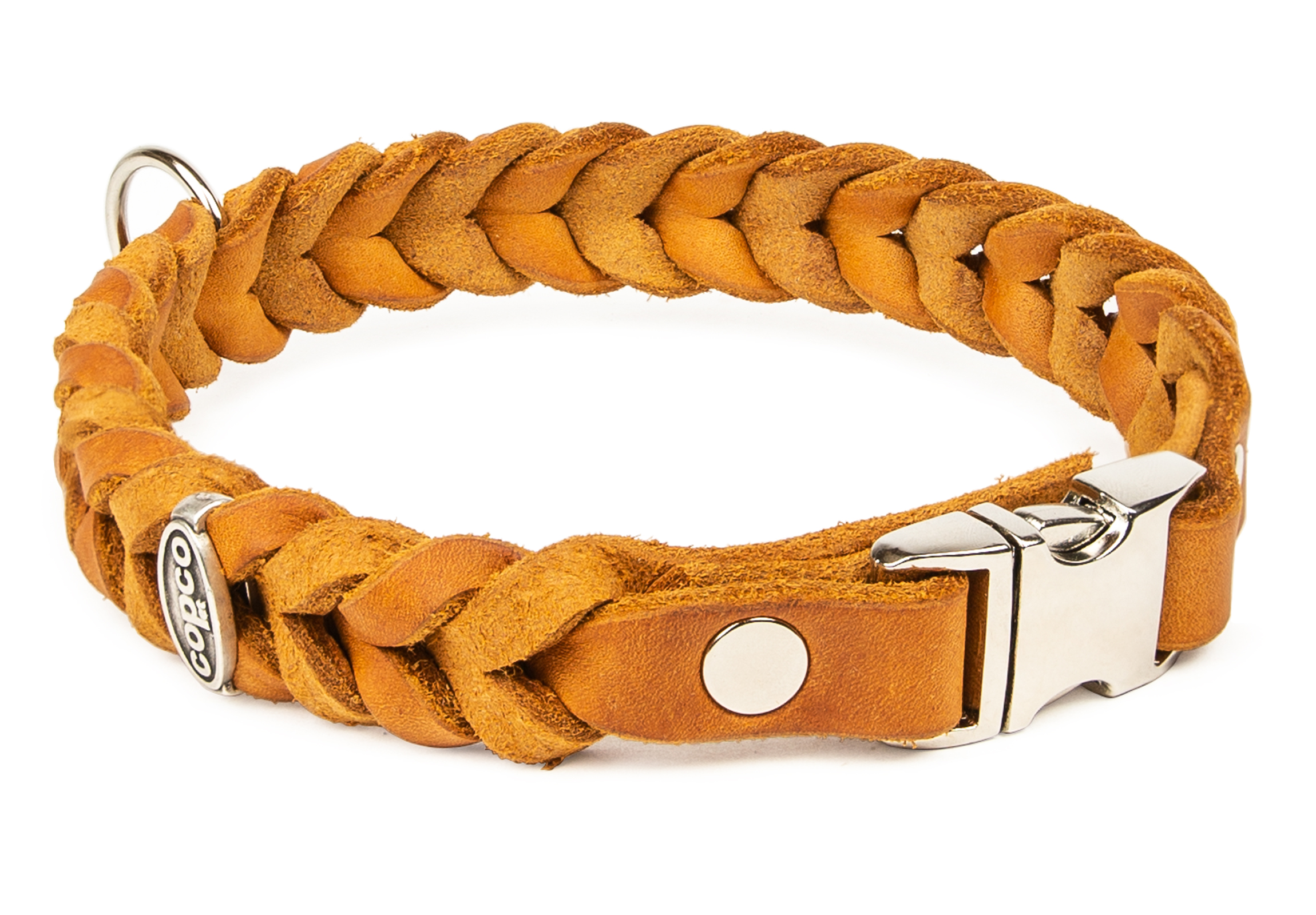 Fettleder Halsband geflochten mit silbernen Metall-Klick-Verschluß Cognac 20 cm 15 mm