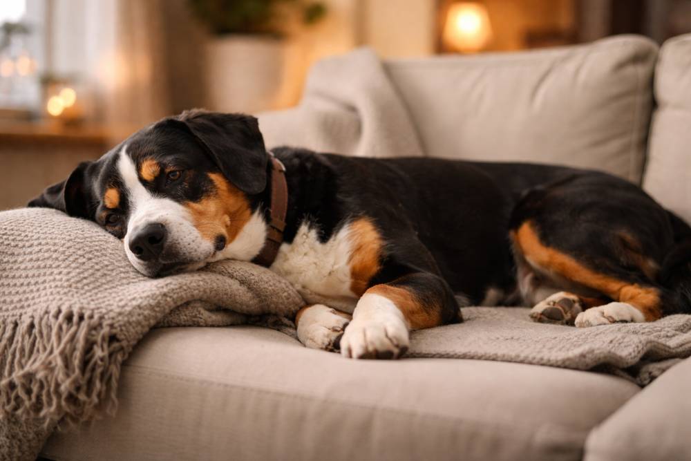 Ein Entlebucher Sennenhund, der entspannt im Wohnzimmer bei gedämpftem Wintertageslicht ruht.
