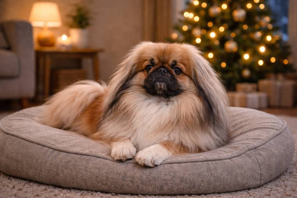 Hund liegt entspannt auf seinem Platz neben einem dezent geschmückten Weihnachtsbaum.