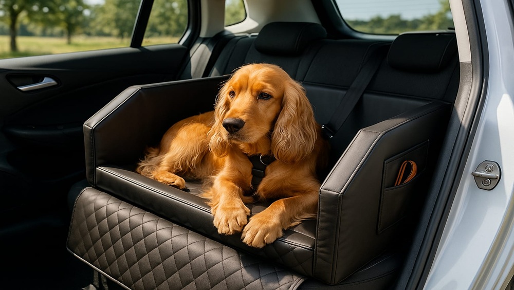 Hund liegt entspannt in einem Autohundebett mit Anschnallsystem; im Hintergrund geöffnete Autotür bei Sommerwetter.
