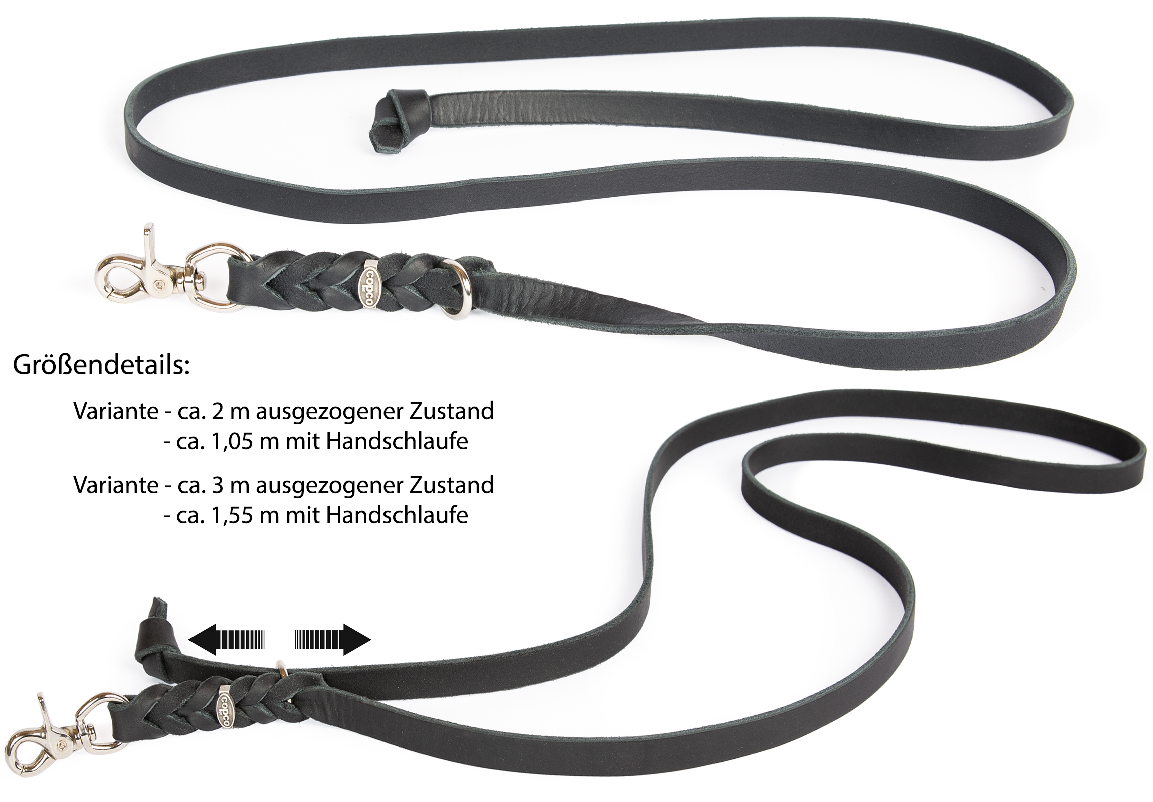 Fettlederleine - 3 in 1 Suchleine, mit große Handschlaufe Zangenhaken Schwarz 2 m x 15 mm