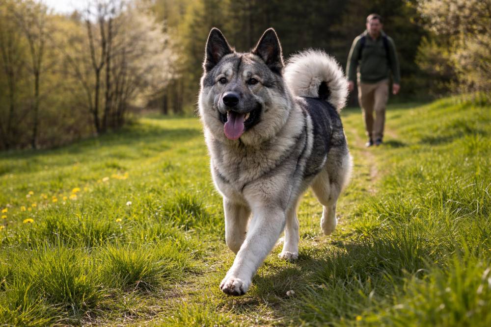 Norwegischer Elchhund Grau läuft im frühen Frühlingslicht über eine grüne Wiese während sein Besitzer im Hintergrund spaziert