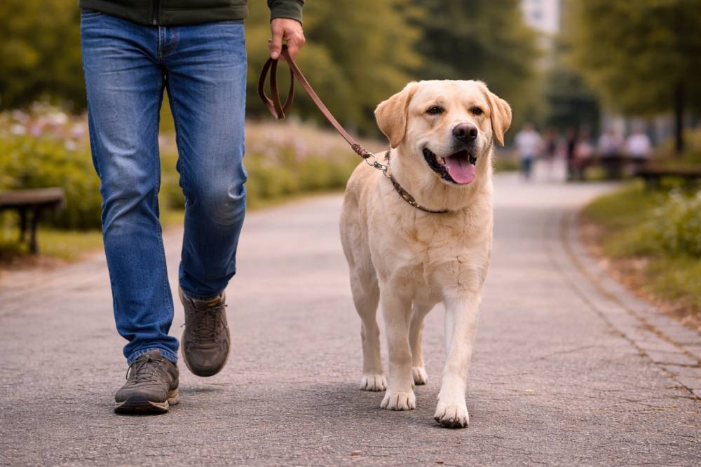Angeleinter Hund im öffentlichen Raum