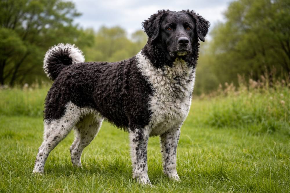 Schwarz-weißer lockiger Hund steht aufmerksam auf einer Wiese in natürlicher Umgebung
