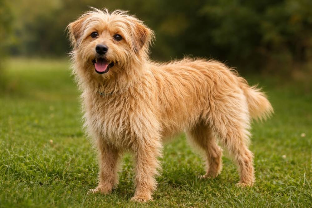 Kleiner rauhaariger gelber Hund steht aufmerksam auf einer Wiese im Freien