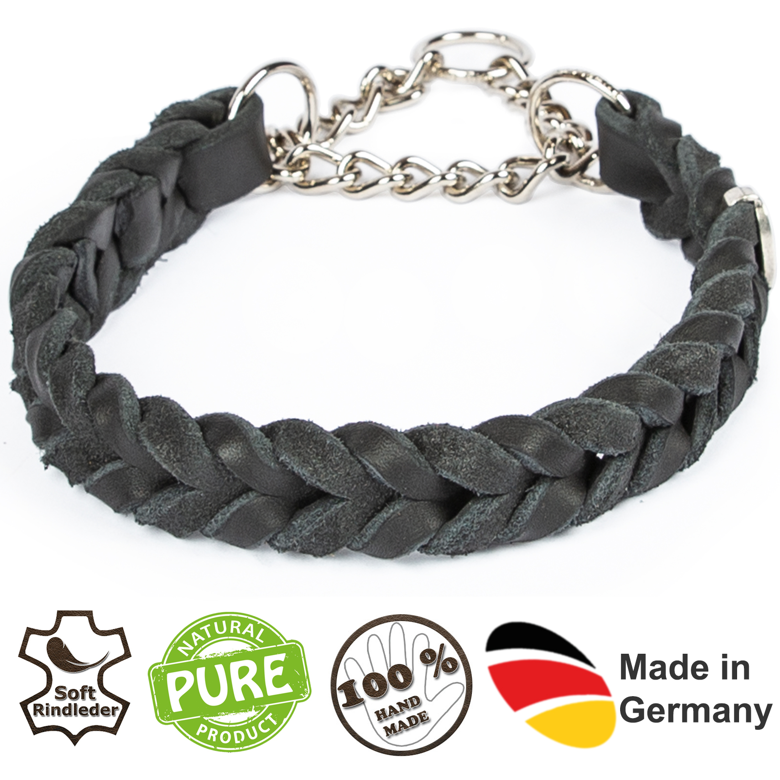 Fettlederhalsband geflochten mit verchromte Zugstopp Kette Schwarz 55 - 60 cm 25 mm