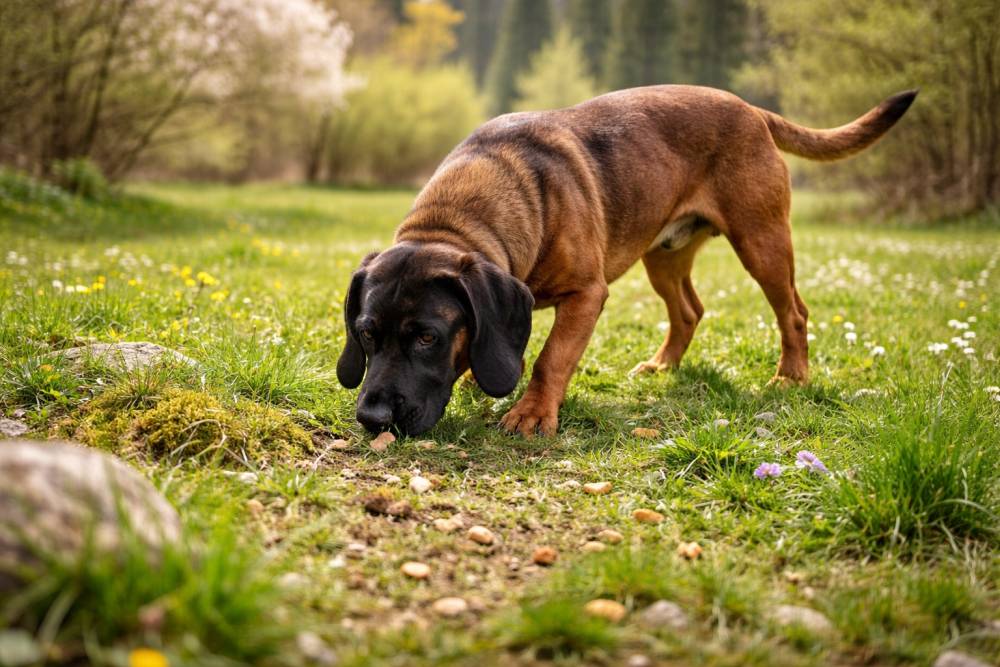 Ein Bayerischer Gebirgsschweißhund spielt konzentriert Suchspiel auf einer frühlingshaften Wiese mit verstreuten Leckerli-Verstecken, natürliche Frühlingslandschaft, ruhige Spielsituation