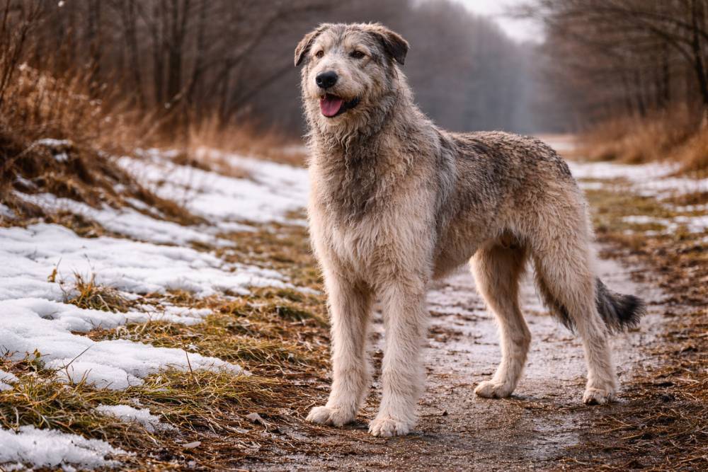 Ein Irish Wolfhound, der aufmerksam in einer winterlichen Landschaft mit ersten Tauwetter-Anzeichen steht.