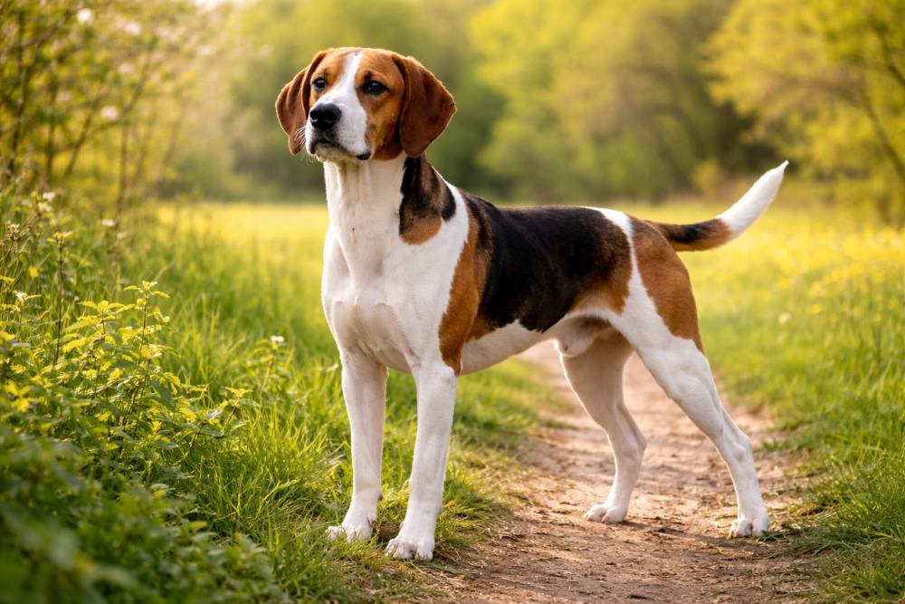 Mittelgroßer Hund auf einem Frühlingsweg am Wiesenrand