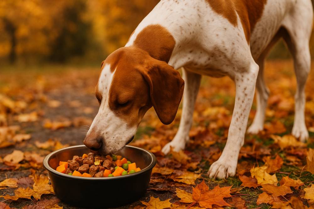 Hund frisst aus einem Napf mit frischen Zutaten wie Fleisch, Gemüse und Öl.