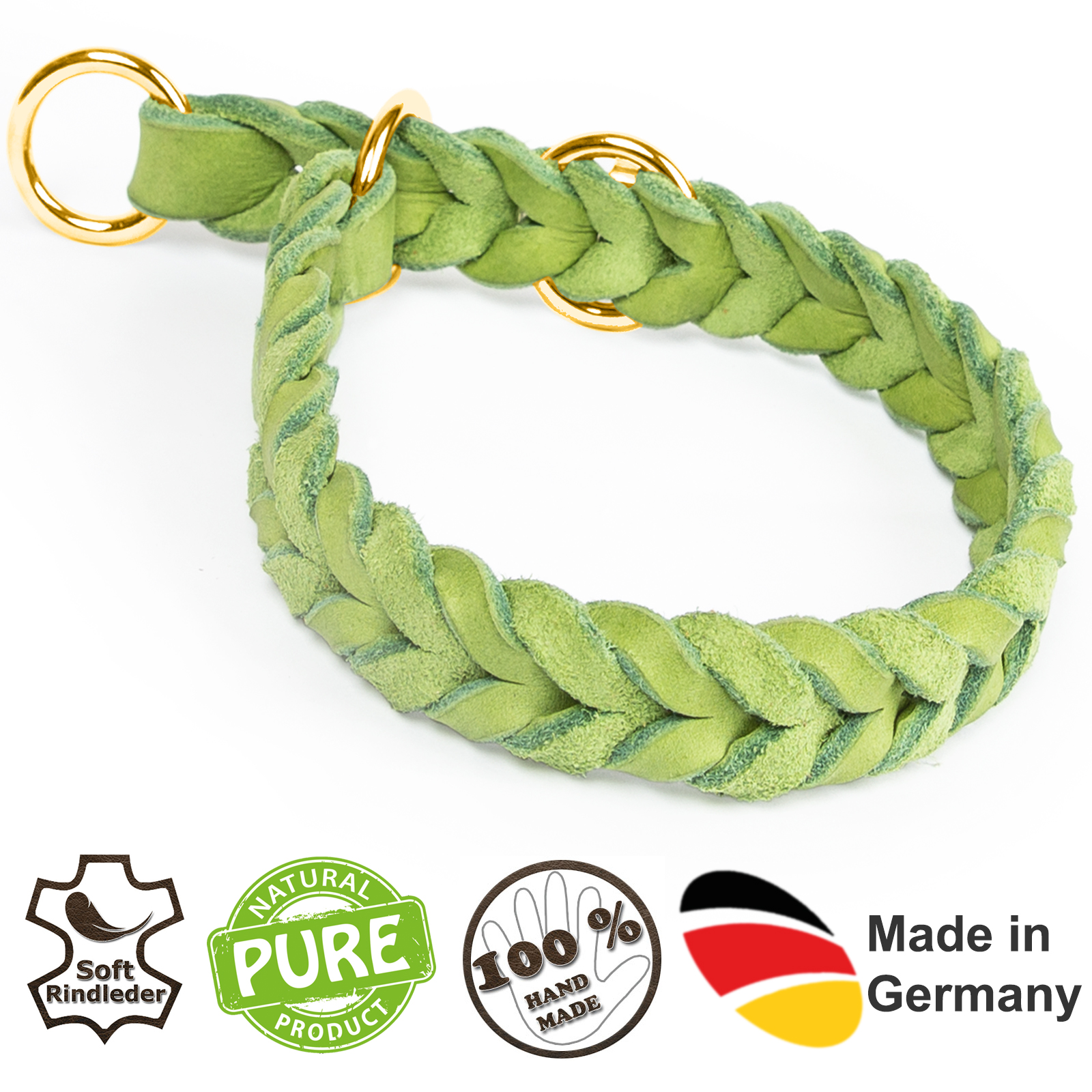 Fettlederhalsband mit Zugstopp Ring messing Apfelgrün 55 - 60 cm 25 mm