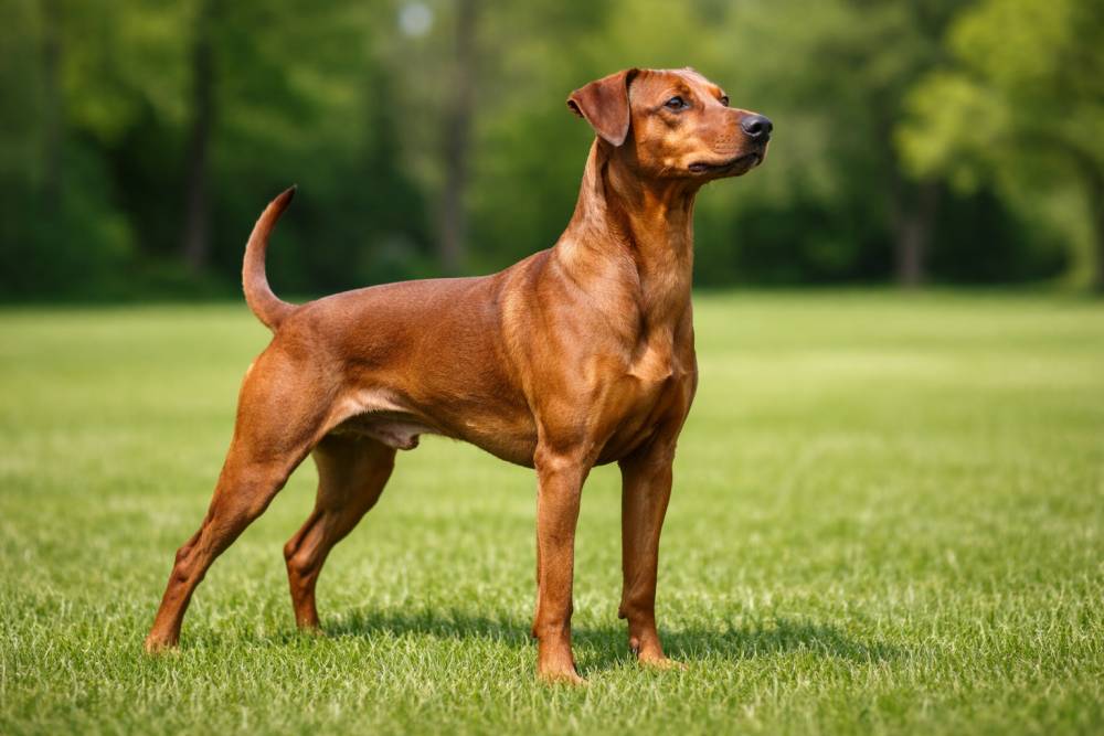 Deutscher Pinscher im Stand auf einer Wiese