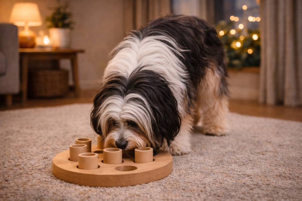 Hund beschäftigt sich ruhig mit einem Suchspiel im Wohnzimmer.