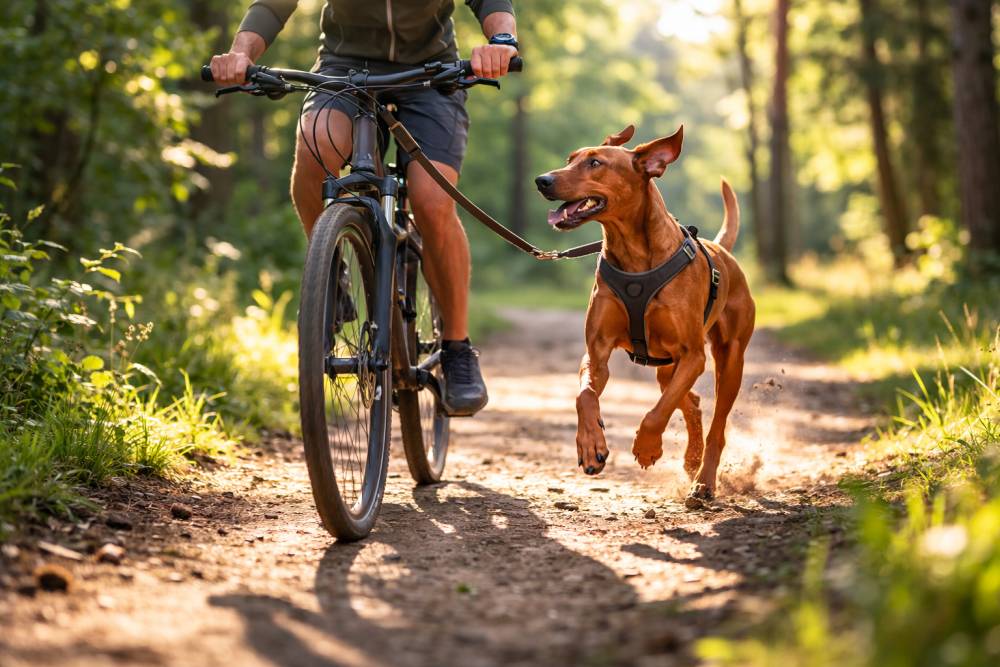 Ein Deutscher Pinscher läuft konzentriert neben einem Fahrrad auf einem Waldweg bei natürlichem Tageslicht, während der Halter das Tempo kontrolliert vorgibt.