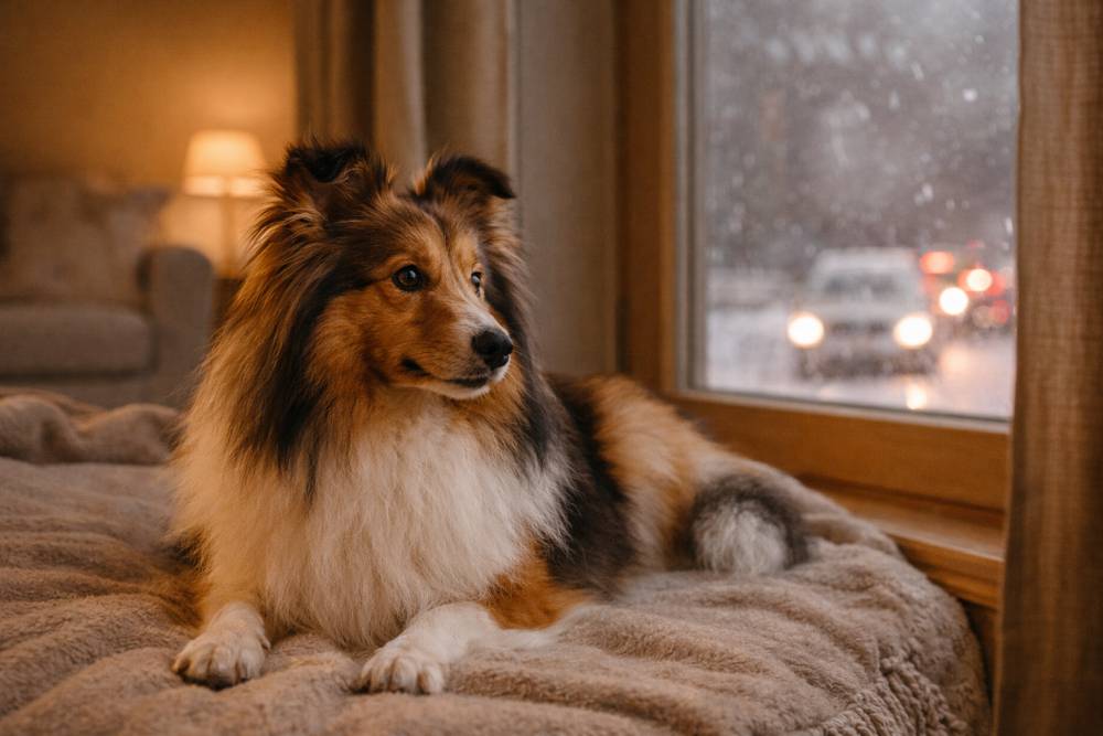 Hund liegt aufmerksam im Wohnzimmer, draußen winterliche Geräusche, warmes Innenlicht.