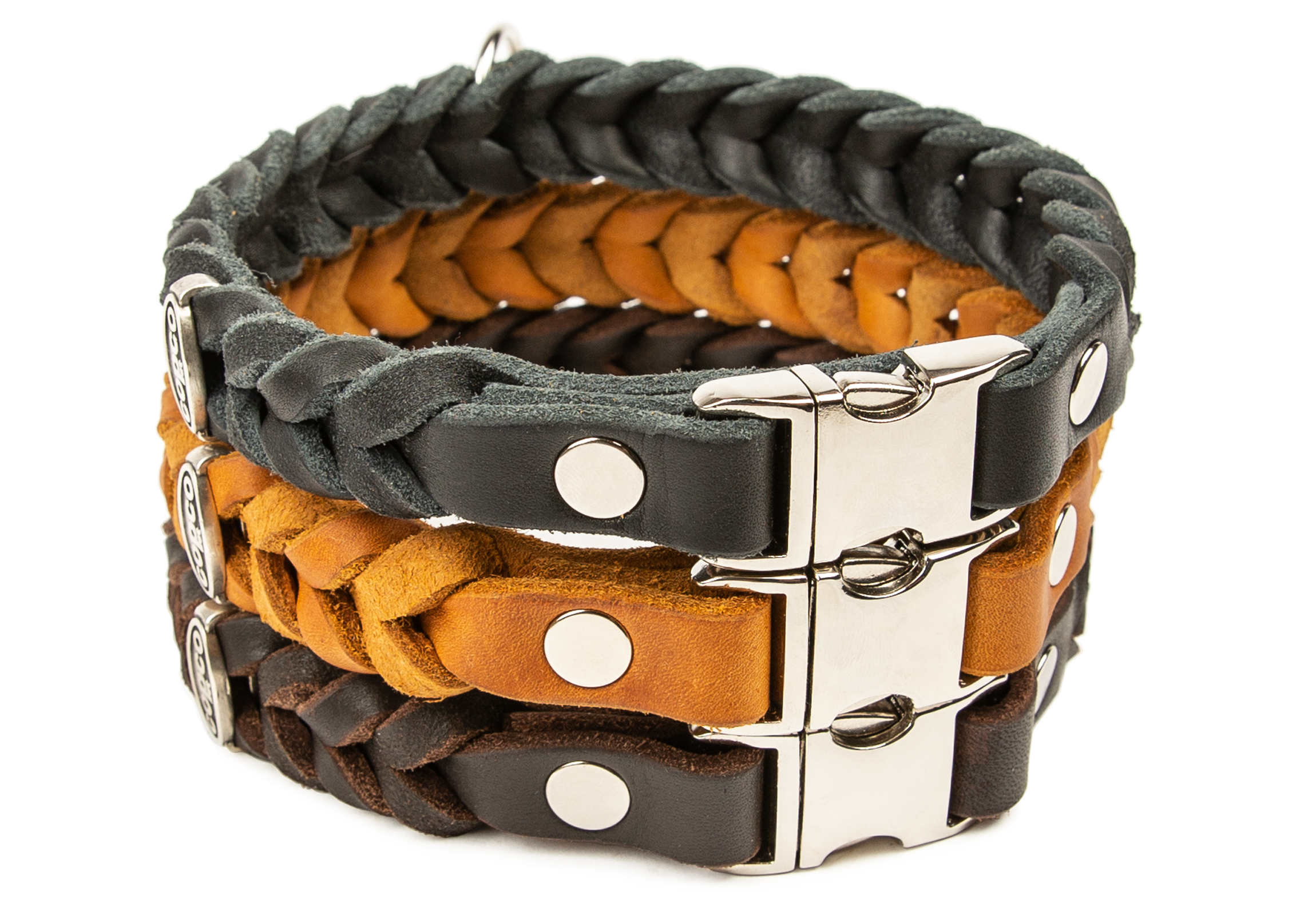 Fettleder Halsband geflochten mit Messing Metall-Klick-Verschluß Cognac 60 cm 20 mm