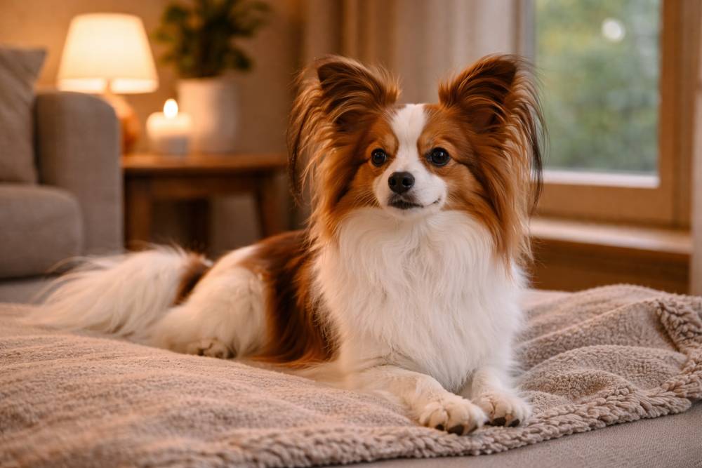 Hund liegt im Wohnzimmer, im Hintergrund brennt eine Duftkerze, Fenster ist leicht geöffnet.