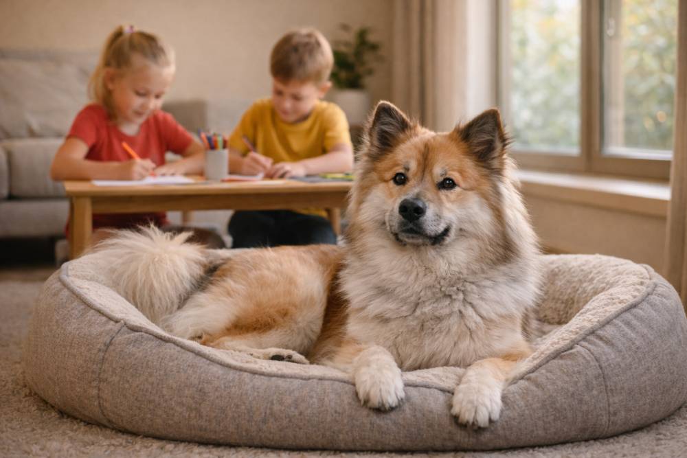 Hund liegt entspannt auf seinem Platz, Kinder spielen ruhig im Hintergrund.