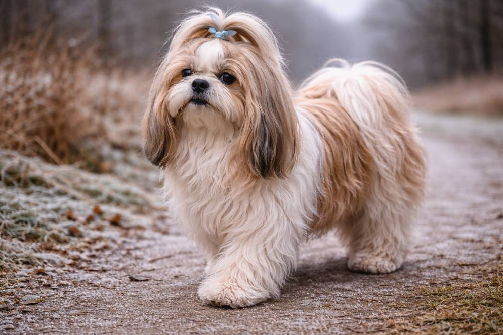 Hund bewegt sich aufmerksam bei grauem Wintertageslicht im Freien.