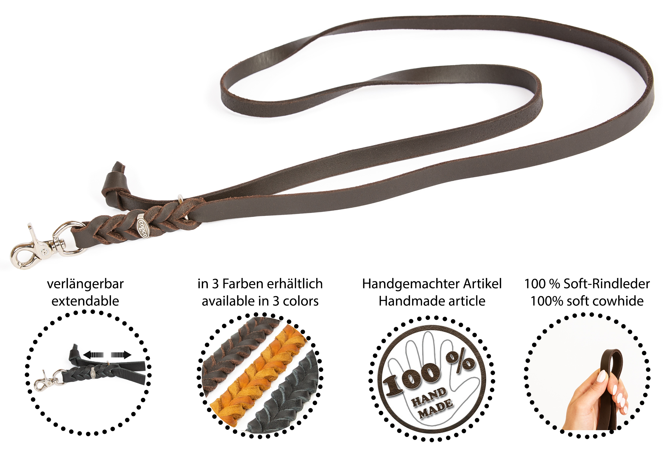 Fettlederleine - 3 in 1 Suchleine, mit große Handschlaufe Zangenhaken Braun 2 m x 12 mm