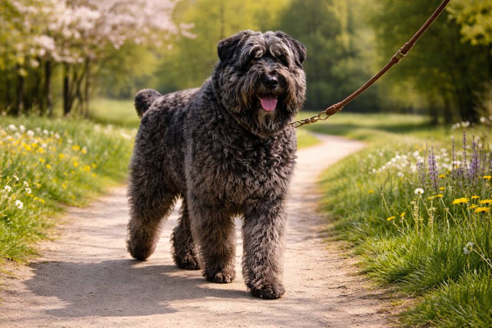Bouvier des Flandres an einer verstellbaren Leine auf einem Frühlingsweg mit blühenden Wiesen während eines Spaziergangs