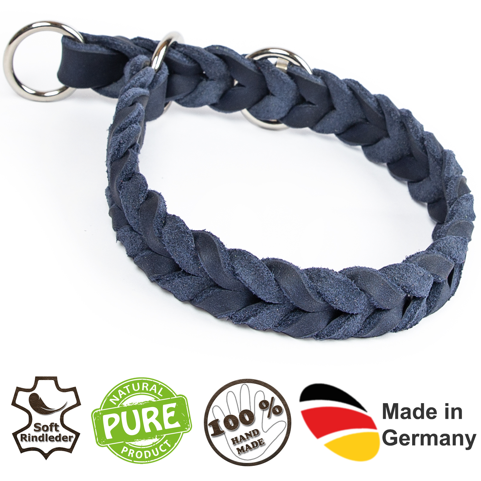 Fettlederhalsband mit Zugstopp Ring verchromt Marineblau 50 - 55 cm 20 mm