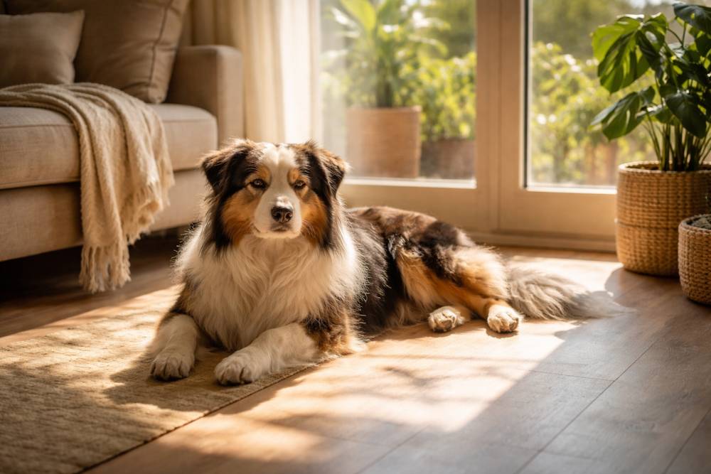 Ein Hund liegt entspannt in einem hellen Sonnenfleck auf dem Wohnzimmerboden direkt neben einem Fenster