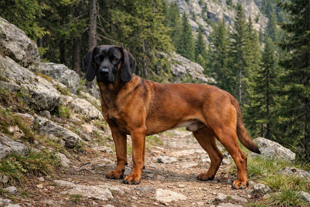 rotbrauner Jagdhund mit schwarzer Maske steht aufmerksam auf einem Waldweg in bergiger Landschaft