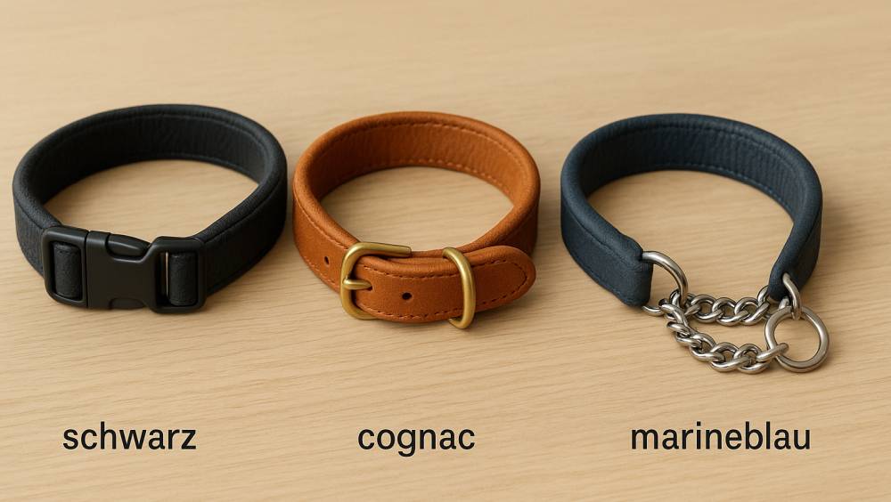 Verschiedene Fettleder-Halsbänder mit unterschiedlichen Verschlüssen in Schwarz, Cognac und Marineblau.