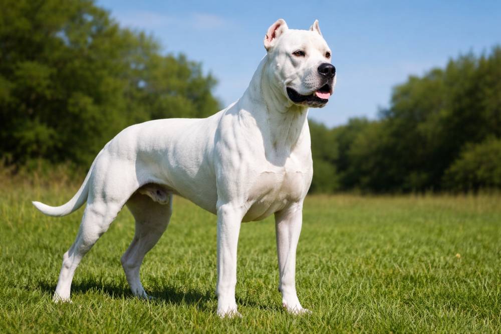 Weißer muskulöser Hund steht aufmerksam auf einer Wiese im Freien