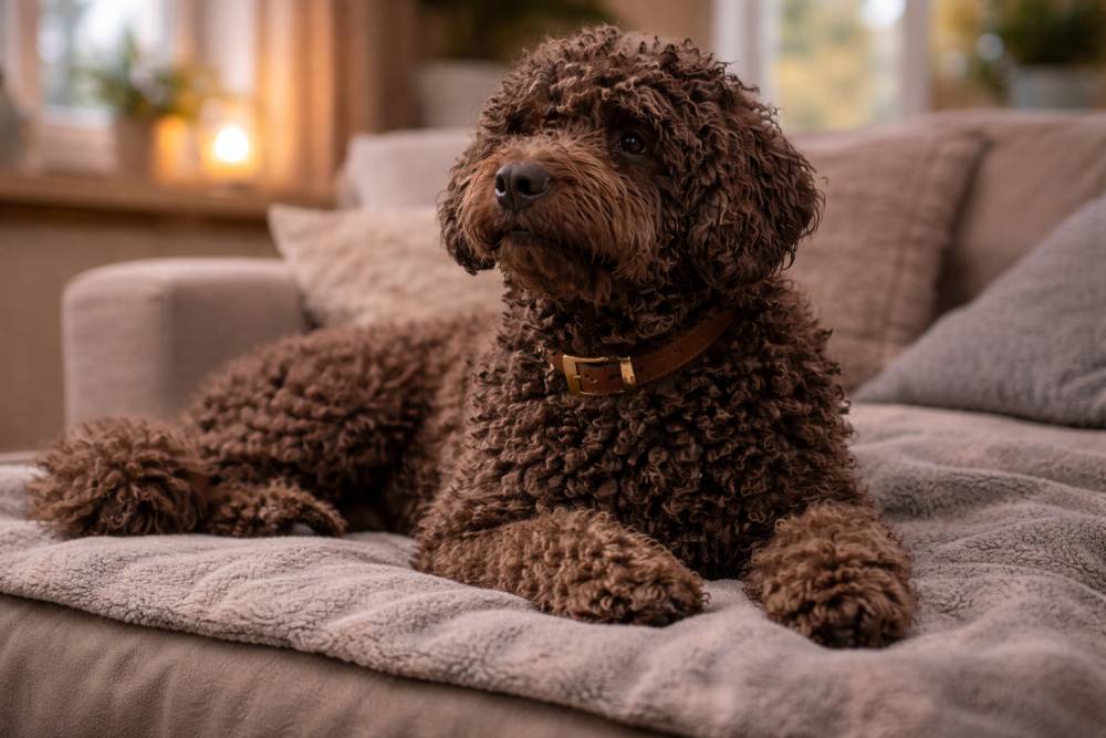 Ein Barbet, der in einem gemütlichen Raum ruht. Der Hund liegt entspannt, wirkt aber leicht aufmerksam, als würde er auf ein Geräusch reagieren.