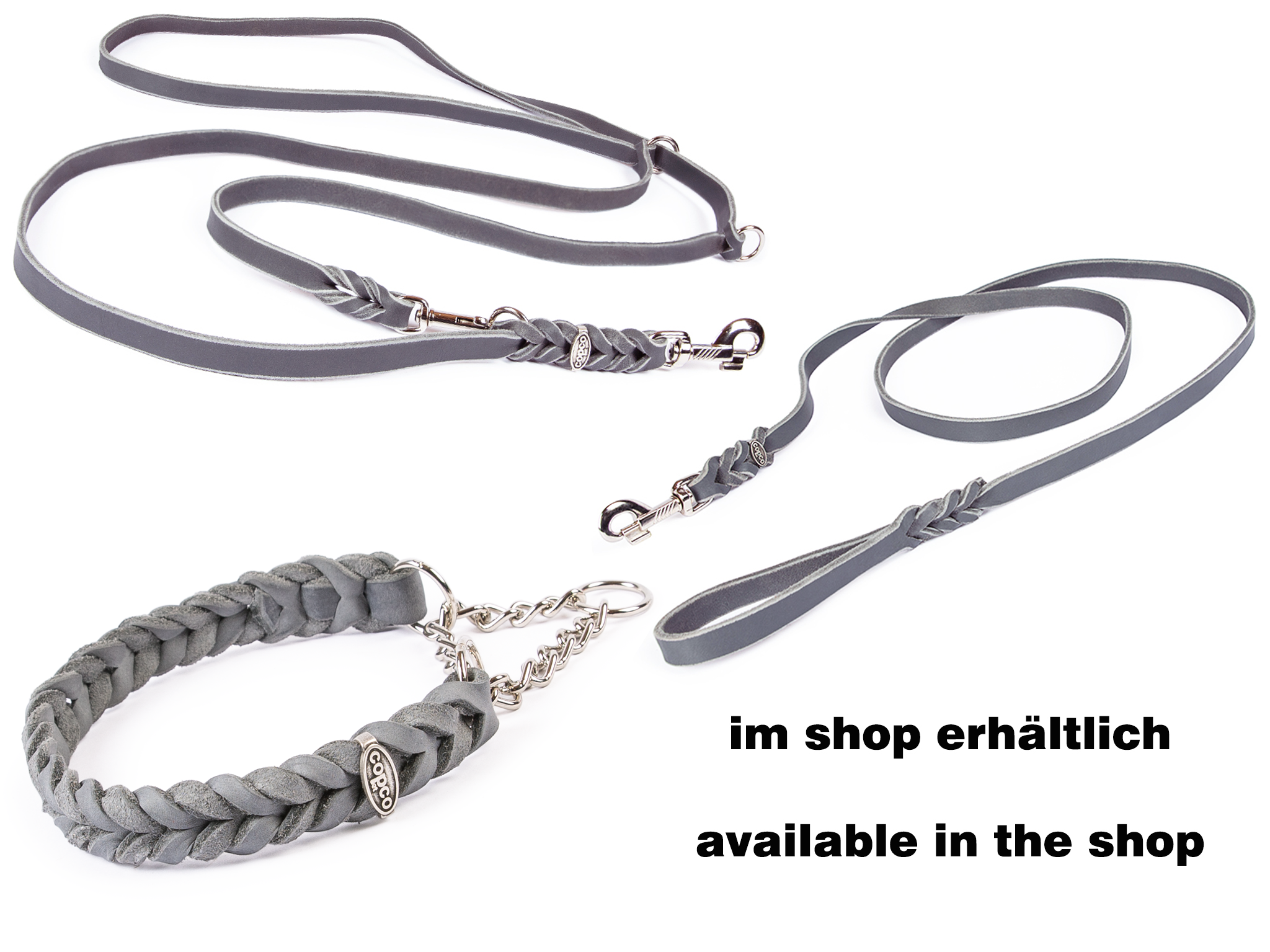 Fettleder Halsband geflochten mit verchromter Zugstopp Kette Grau 60 - 65 cm 25 mm
