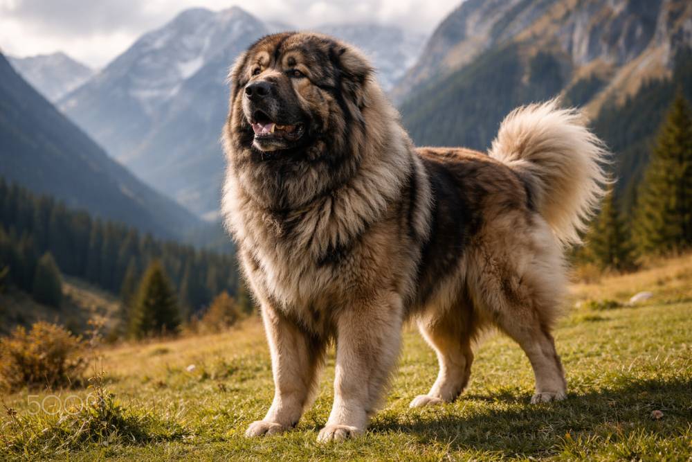 Großer, kräftiger Hund mit dichtem Fell steht wachsam auf einer Wiese vor bergiger Landschaft
