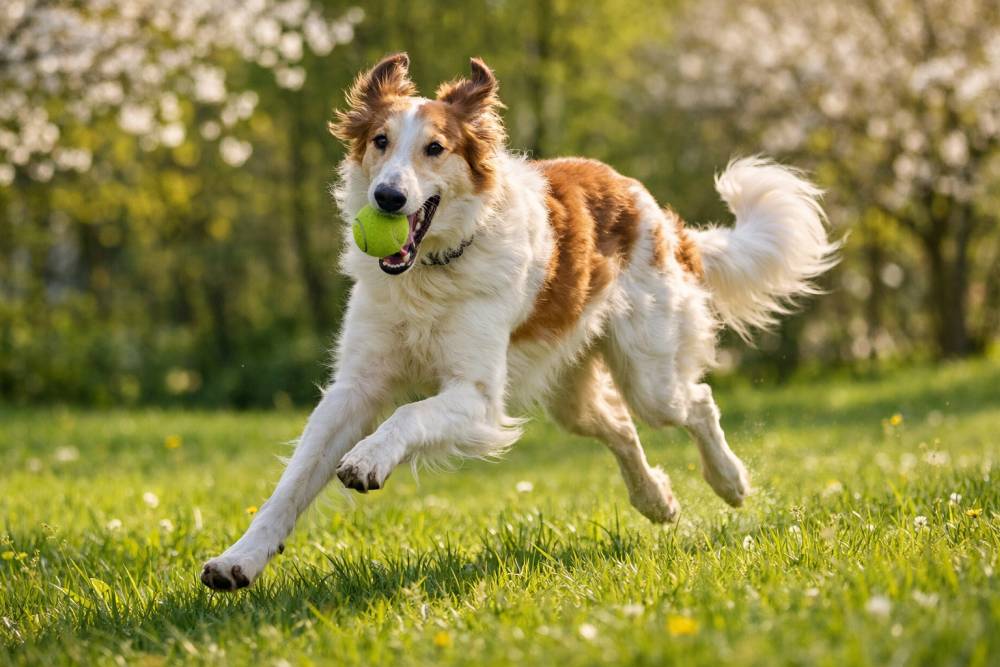 Junger Borzoi rennt im frühlingshaften Park über eine Wiese und spielt ausgelassen mit einem Ball im natürlichen Sonnenlicht