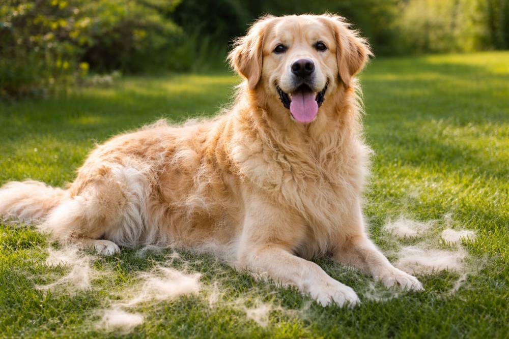 Hund mit dichtem Fell während des Haarwechsels auf einer Wiese