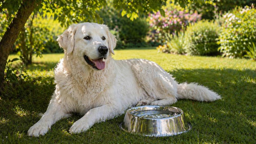 Großer weißer Hund ruht im Schatten neben einem Wassernapf im Garten