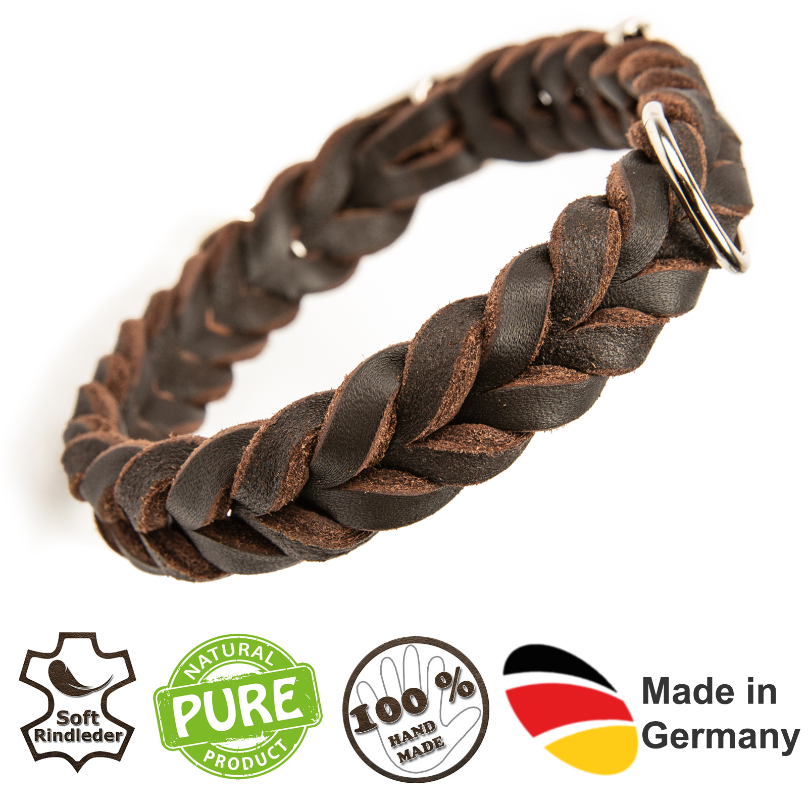 Fettleder Halsband geflochten mit silbernen Metall-Klick-Verschluß Braun 20 cm 15 mm