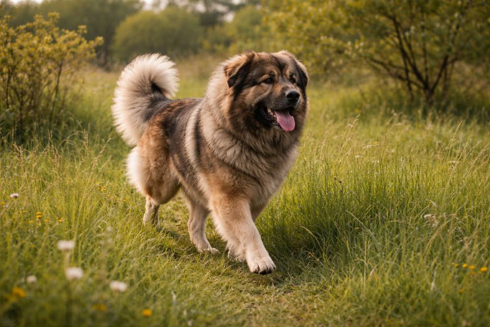 Ein großer, dicht behaarter Hund vom Typ Kaukasischer Owtscharka läuft aufmerksam durch hohes Gras auf einer Frühlingswiese
