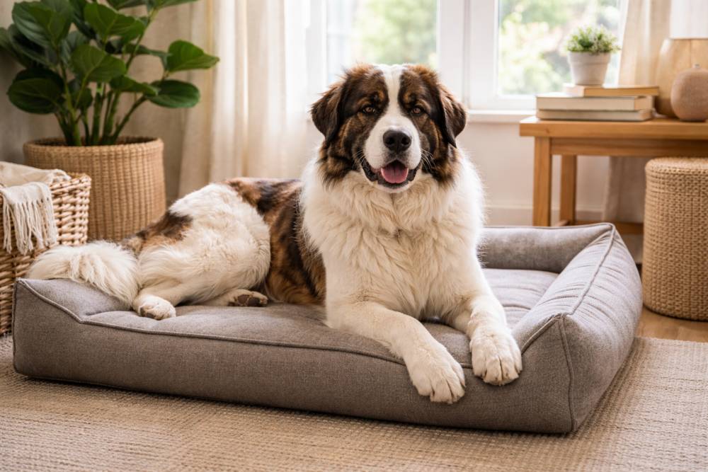 Ein Tornjak liegt entspannt auf einem gepolsterten Hundebett in einer ruhigen Wohnzimmerecke