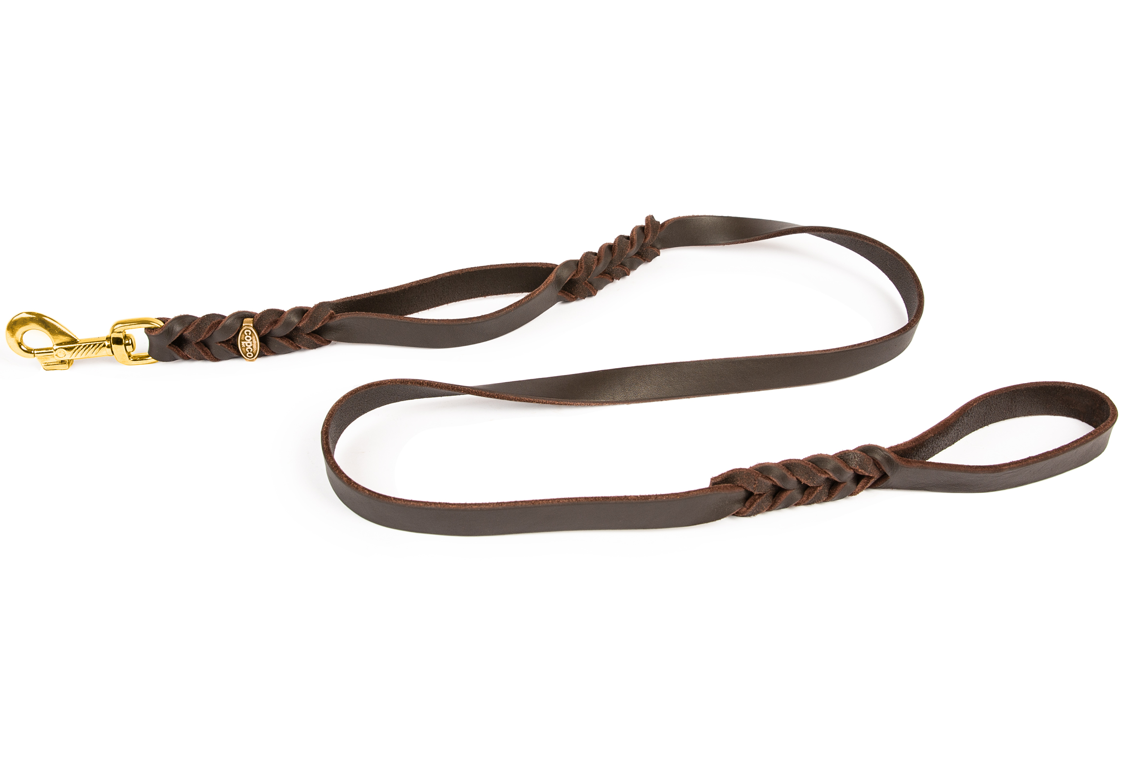 Fettlederleine mit 2 Handschlaufen Messing Braun 2 m  x 20 mm
