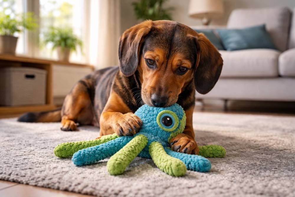 Hund spielt aufmerksam mit einem neuen Spielzeug im Wohnzimmer