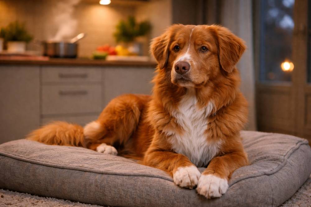 Ein Nova Scotia Duck Tolling Retriever im Körbchen