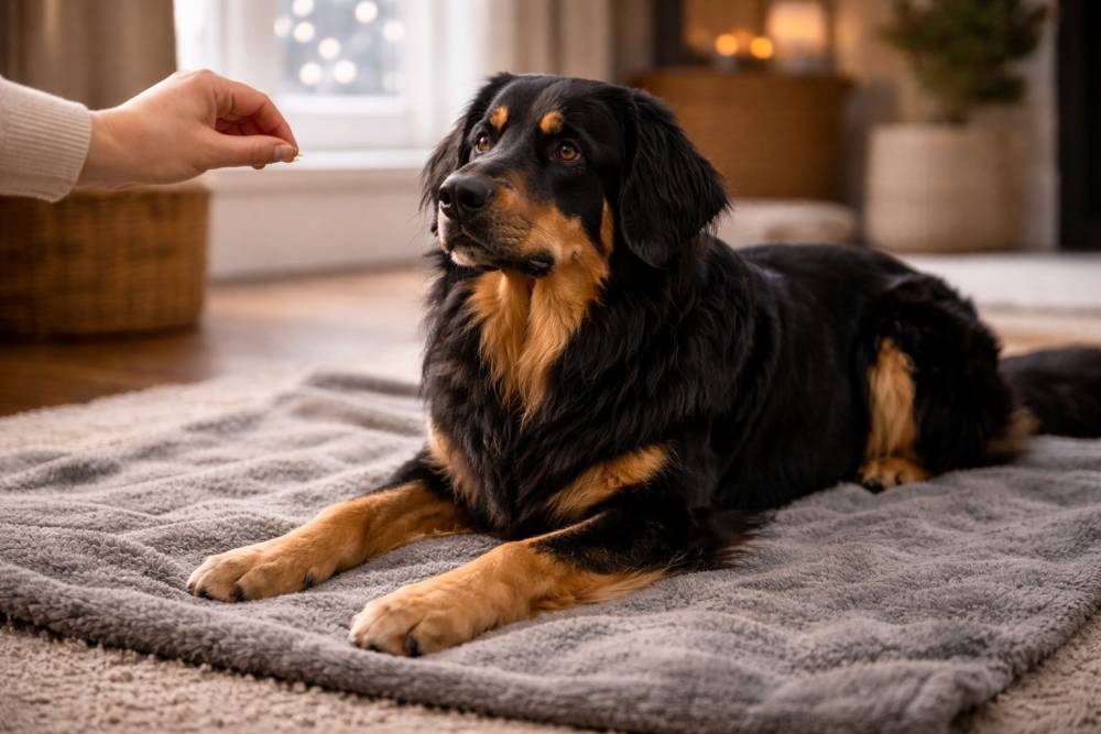 Hund arbeitet ruhig an einer kurzen Übung im Wohnzimmer bei winterlichem Licht.
